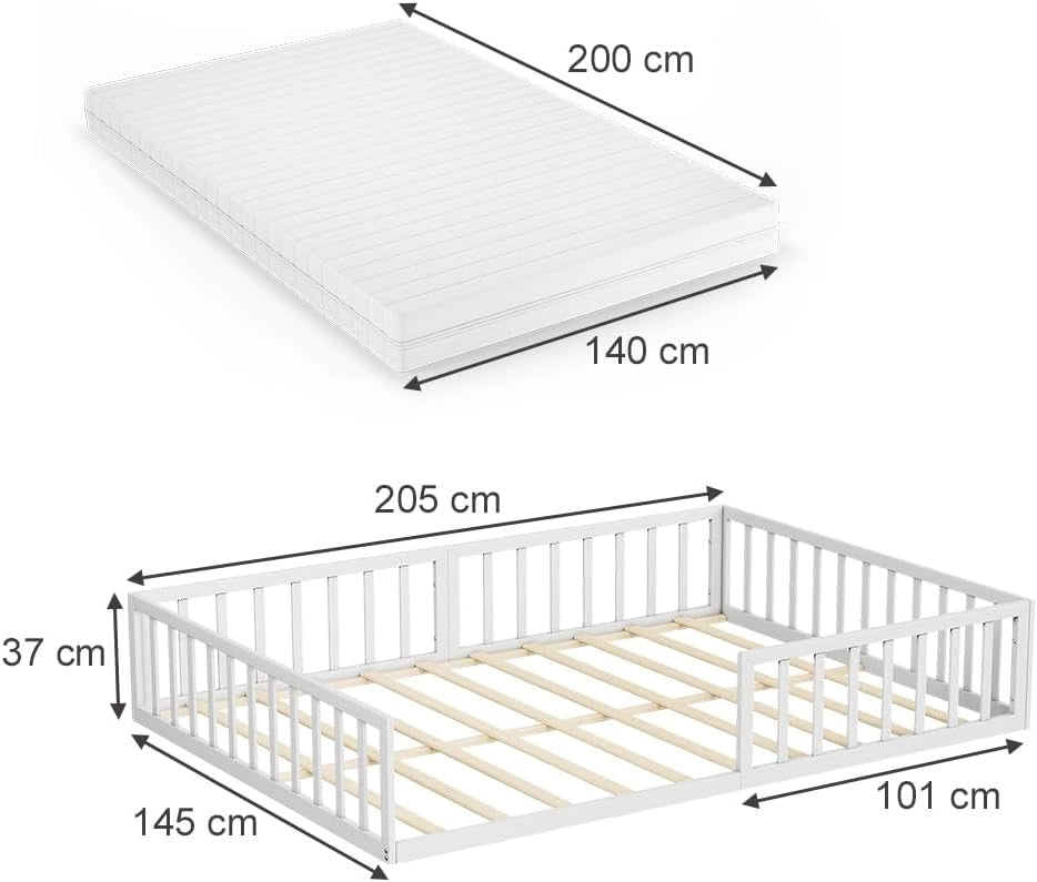 Letto a pavimento Minno 140x200 cm, letto bambini Montessori in metallo con protezione anticaduta e materasso, bianco