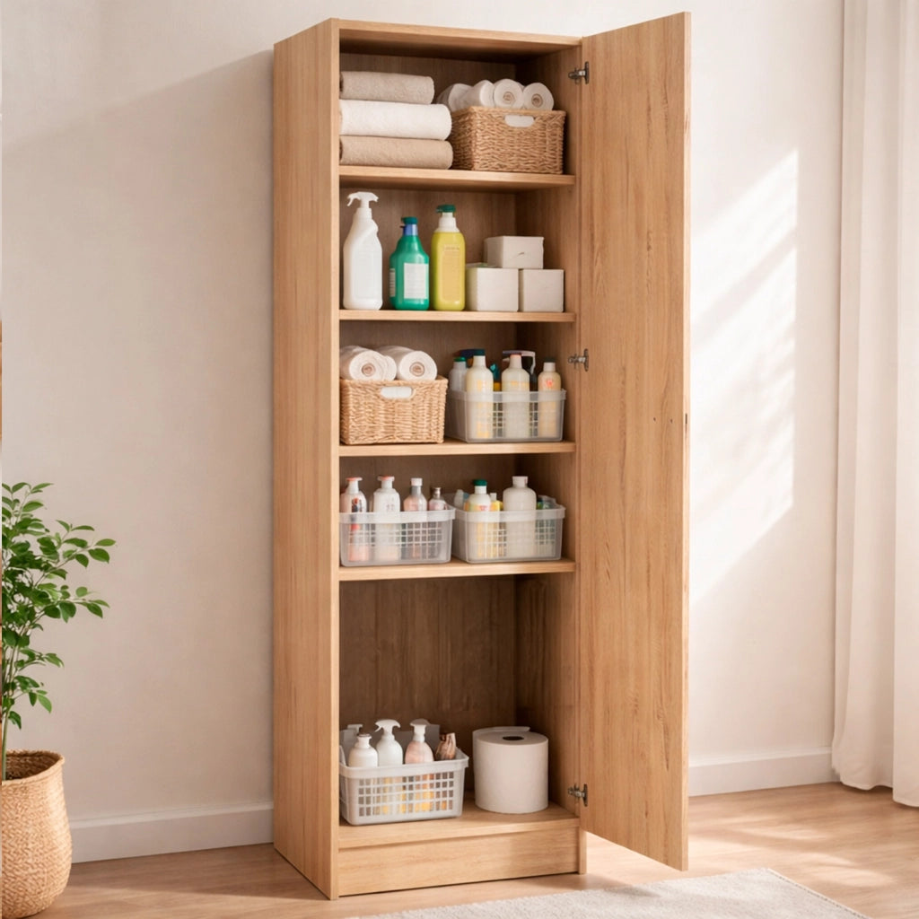 Colonna Bagno Armadio Alto 1 Anta Salvaspazio Con 4 Ripiani Regolabili Mobile Moderno Per Ingresso Corridoio Ripostiglio Maniglia In Metallo Argentata 200 X 47.1 X 49.2 Cm Rovere