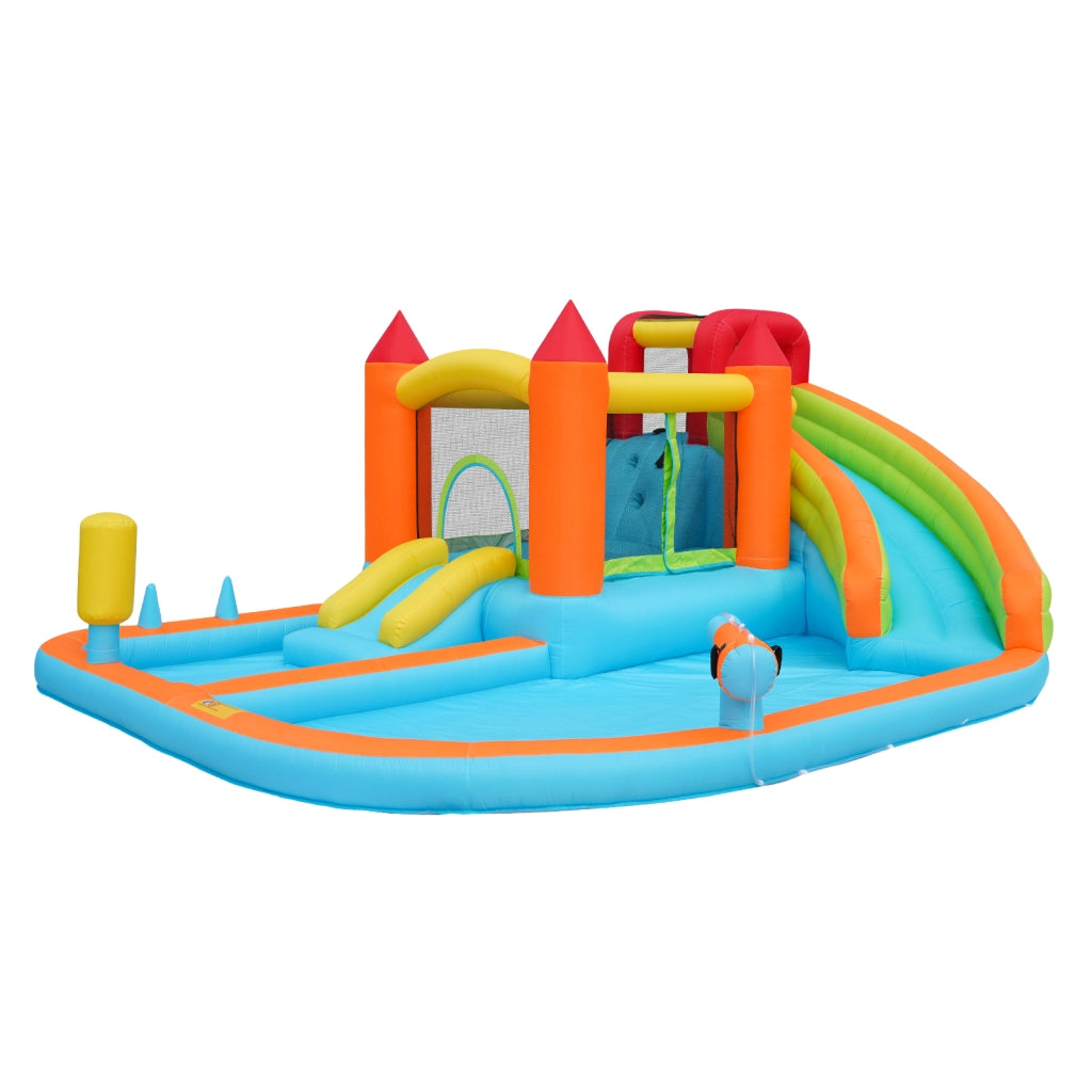 Castello gonfiabile multifunzione con scivolo d'acqua trampolino canestro e pistole ad acqua in oxford arancione