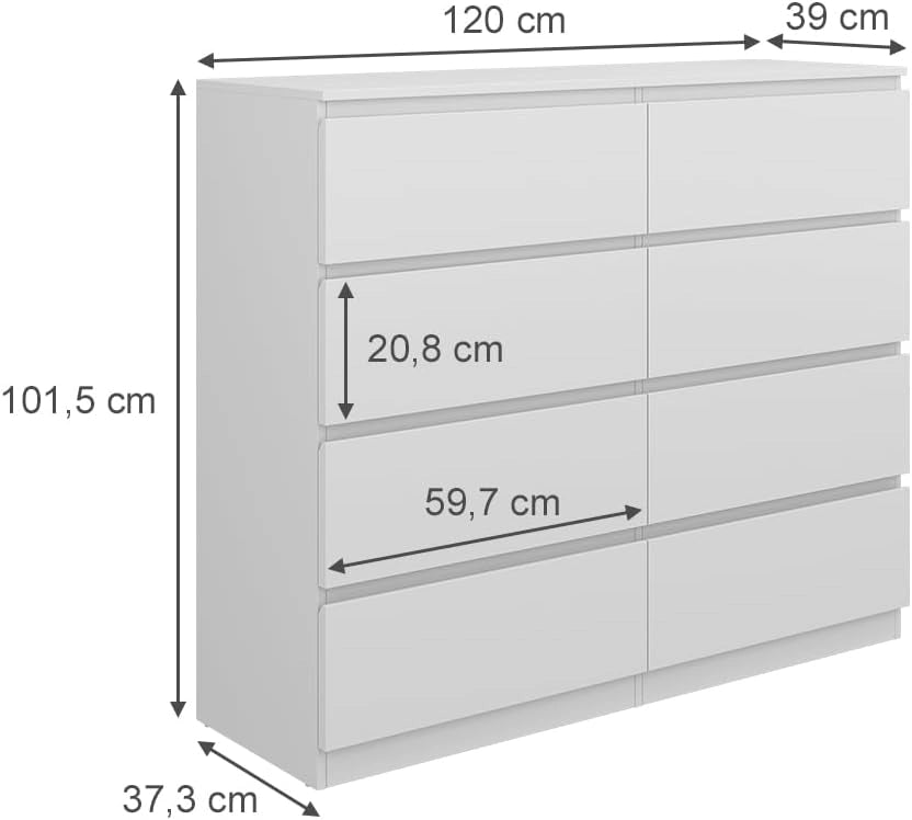 Cassettiera Calisto, Bianco, 39 x 101.5 cm, per riporre abiti e oggetti di uso quotidiano