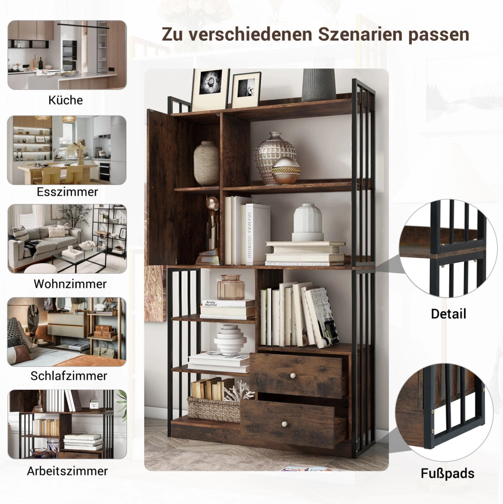Libreria industriale 100x30x173;5 cm con ante e cassetti; effetto legno marrone nero