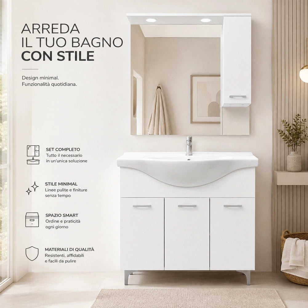 Set Completo Mobile da Bagno da Terra 101cm Tre Ante Bianco Specchio e Accessori