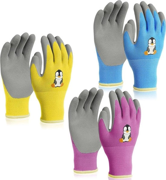 Manichini per bambini - 3 paia di guanti di sicurezza con punti PVC morbidi - comodi, respiranti, antiscivolo, flessibili - per giardinaggio e campeggio (età 5-7)