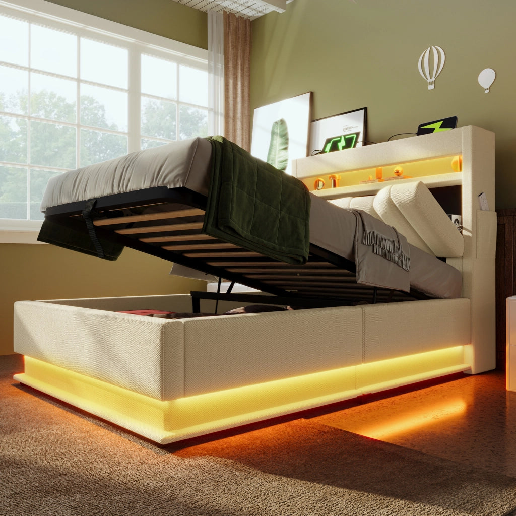 LETTO 90x200 cm Beige in Lino con LED e USB, con materasso incluso