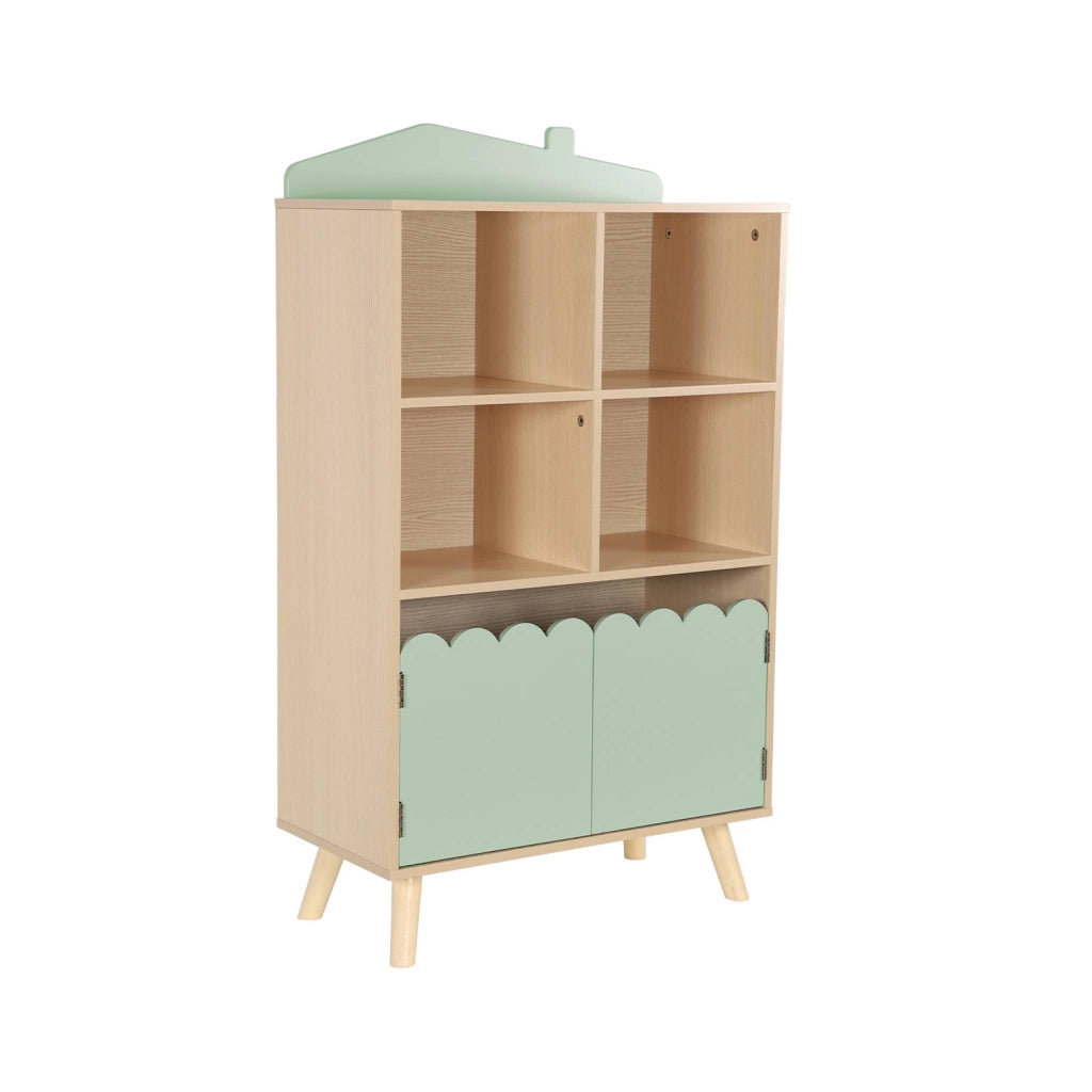 Biblioteca per bambini in legno di pino 2 porte e 4 scaffali, verde