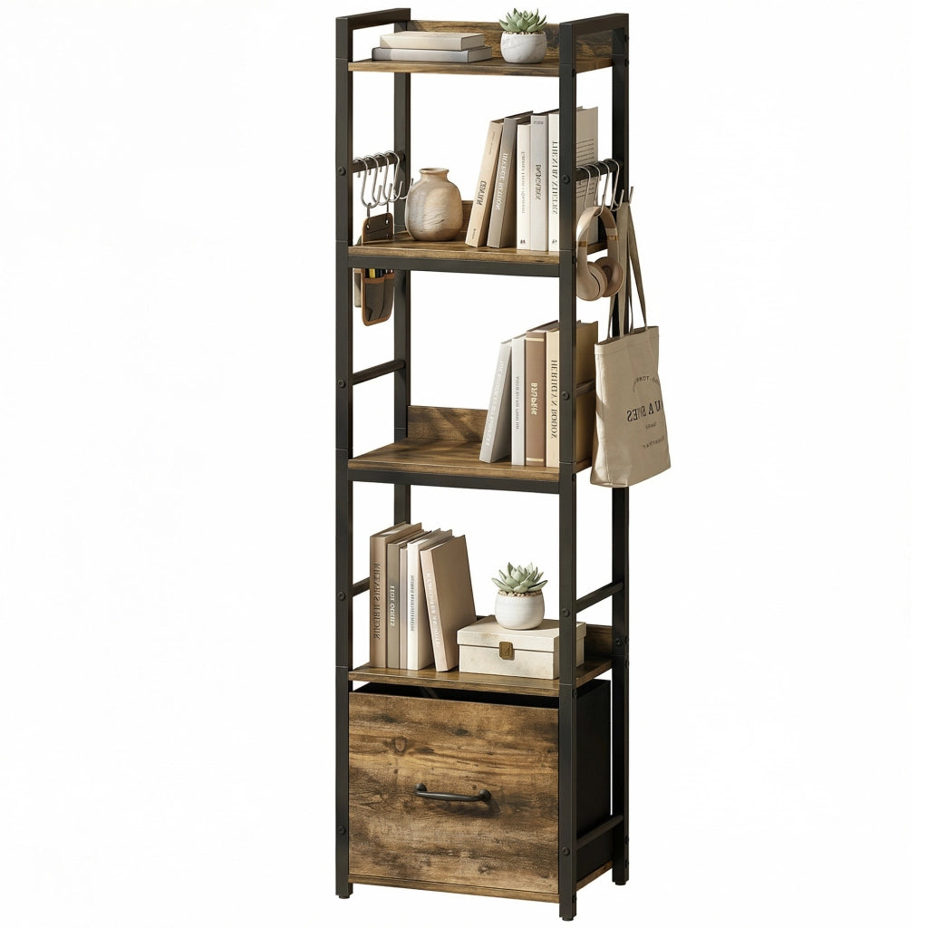 Libreria 4 Livelli con Cassetto e Ganci ¨C Zephmum ¨C Marrone Rustico 39x26x136.5 cm