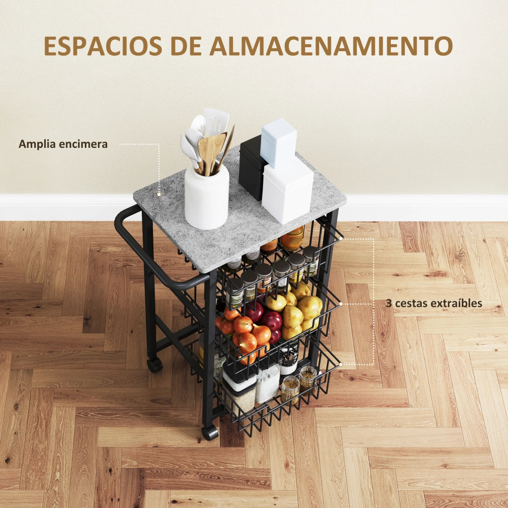 Carrello Porta Frutta e Verdura con 3 Cestini ¨C zephmum ¨C Grigio 49.5x31x69 cm