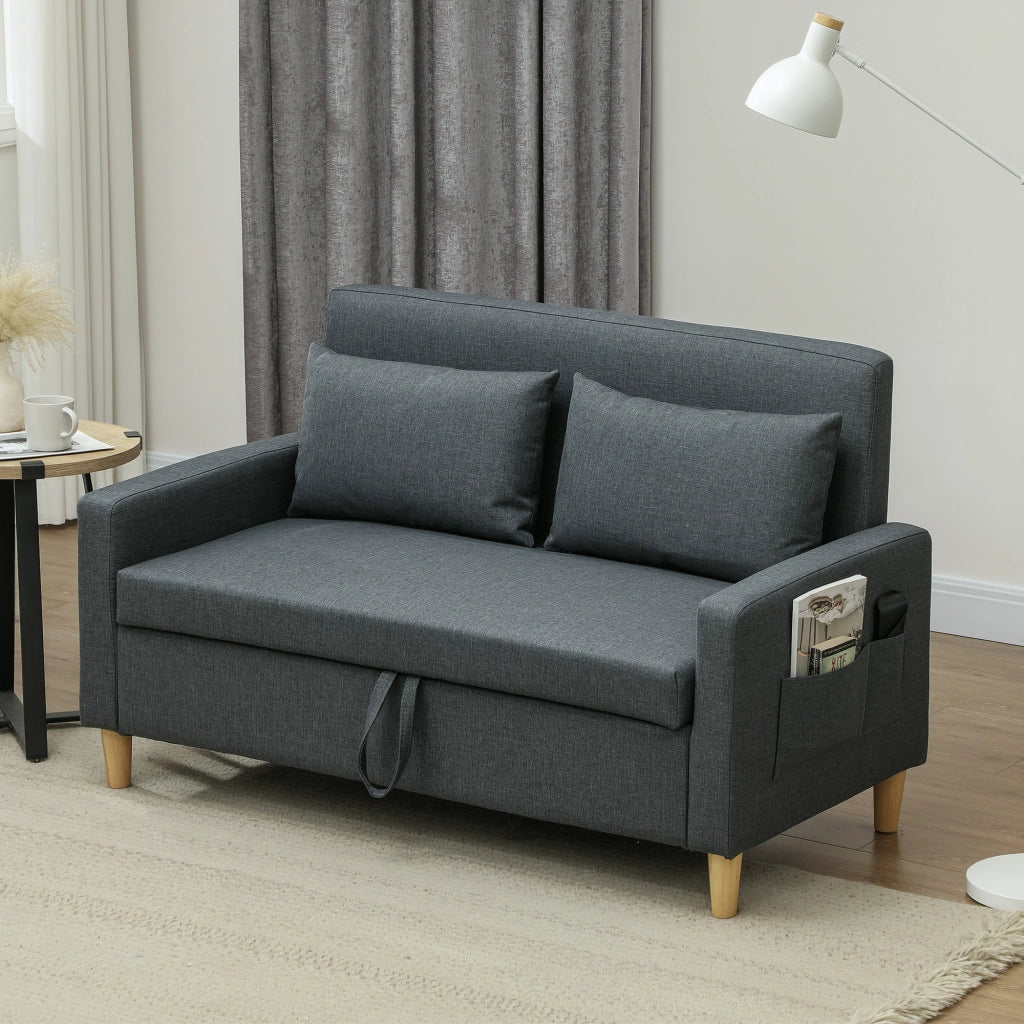 Divano 2 Posti con Spazio Portaoggetti e Cuscini, in Tessuto Effetto Lino e Legno, 135x72x84 cm, Grigio Carbone