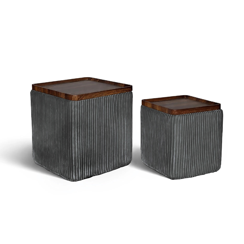 Set 2 Pouf Contenitore Quadrati in Velluto con Coperchio in Legno, Tavolino da Salotto Moderno, Pouf Contenitore Salvaspazio, Seduta Imbottita, Pouf Poggiapiedi Grigio Scuro