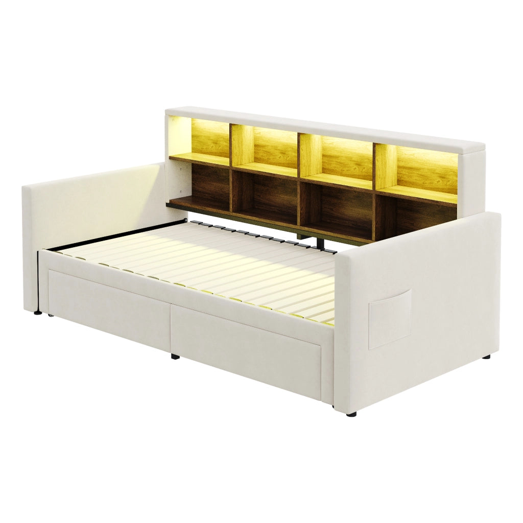 OKWISH Letto Divano, Letto Singolo con Estensione Estraibile, 2 Cassetti, LED, USB e Tipo C, 90 x 190 cm, senza Materasso
