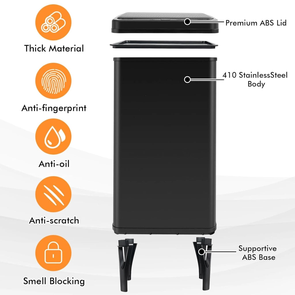 Pattumiera in acciaio inox, pattumiera automatica da 50 l, gambe staccabili, interruttore a induzione intelligente, coperchio silenzioso in ABS, per cucina (nero)