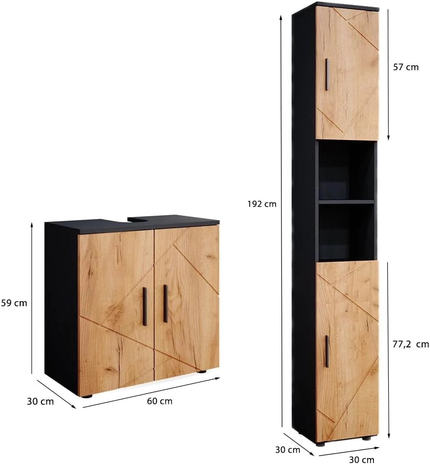 Set di mobili da bagno Irma, Quercia dorata/antracite, 2 parti, con colonna, composto da mobile sottolavabo e colonna alta