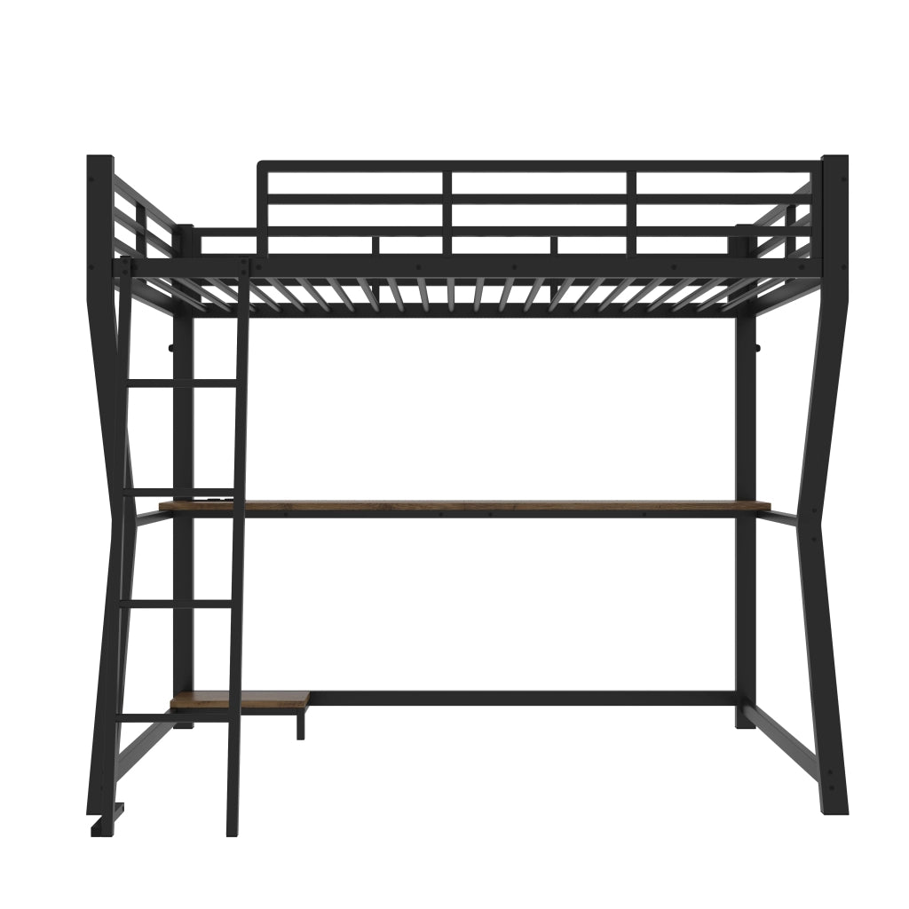Letto a soppalco 90x200 con scrivania; luci a LED; prese USB; metallo e MDF; nero