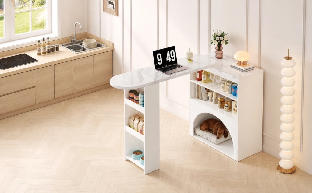 Tavolo bar allungabile moderno bianco con piano effetto marmo, vano per animali domestici e ripiani aperti, 120(+80)×40×100 cm