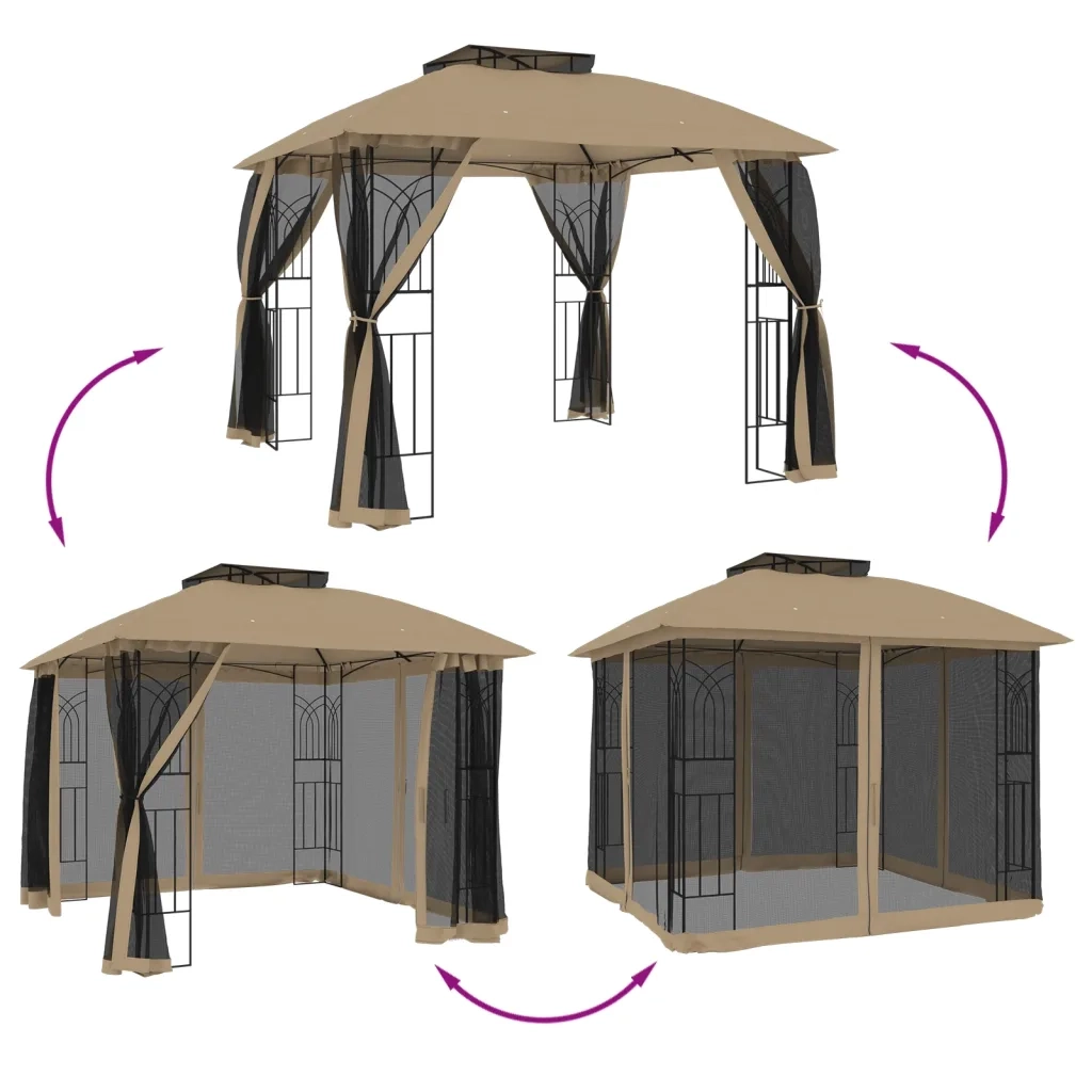 Gazebo con Tetto Doppio/Pareti Rete Tortora 2,94x2,94 m Acciaio 368456