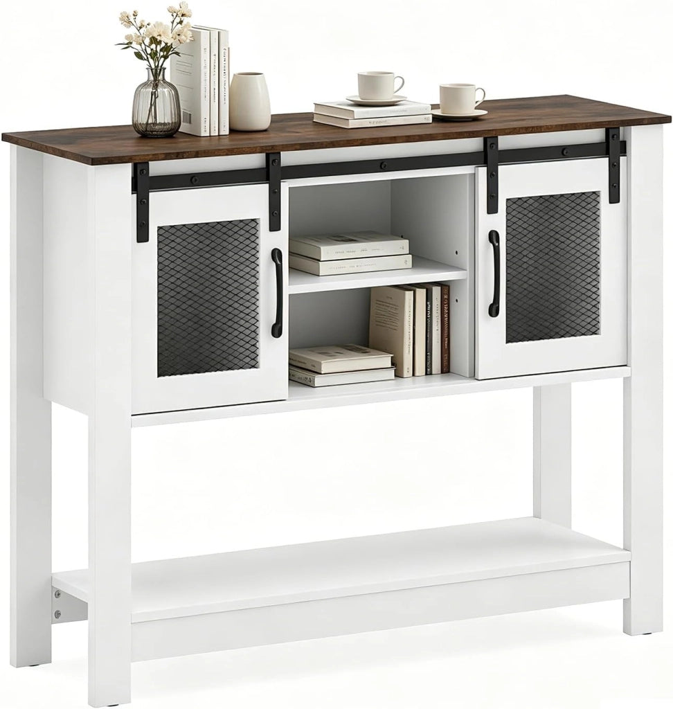 Credenza Cucina Buffet, Mobiletto Dispensa Cucina con 2 Armadietti, Contenitore Aperto, Ripiano, Rustico, Salvaspazio, Legno, per Soggiorno, Sala da Pranzo, Corridoio, 102 X 32 X 82 CM, Bianco