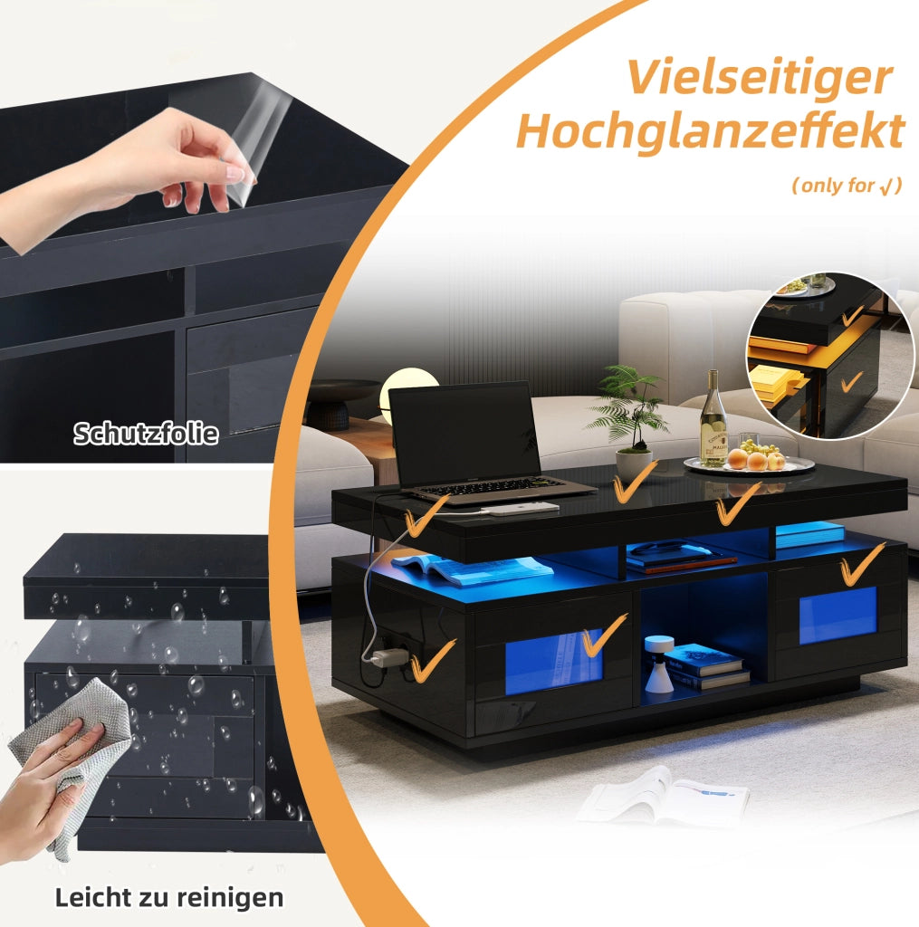 Tavolino da salotto nero lucido con LED e ricarica USB