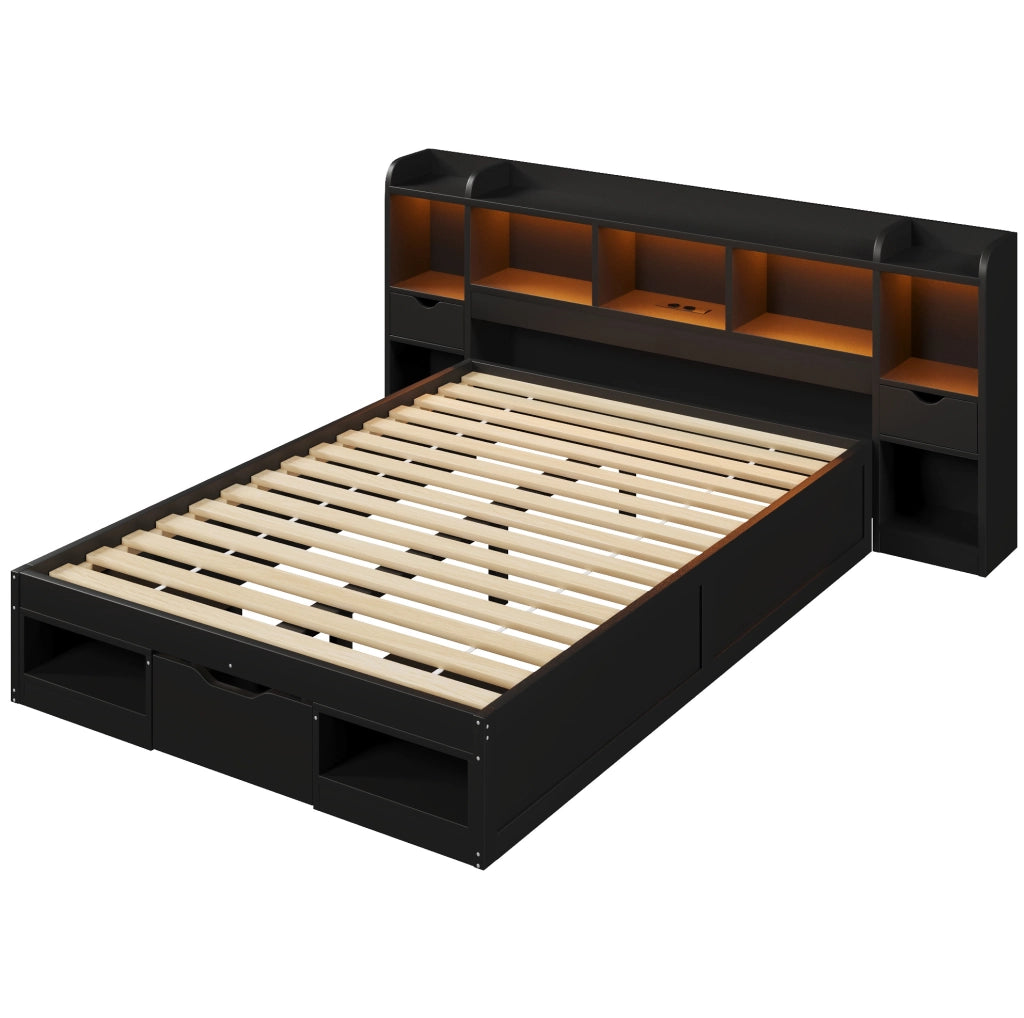 Letto platform 140 x 200 cm con 3 cassetti; vani portaoggetti; LED e USB; nero