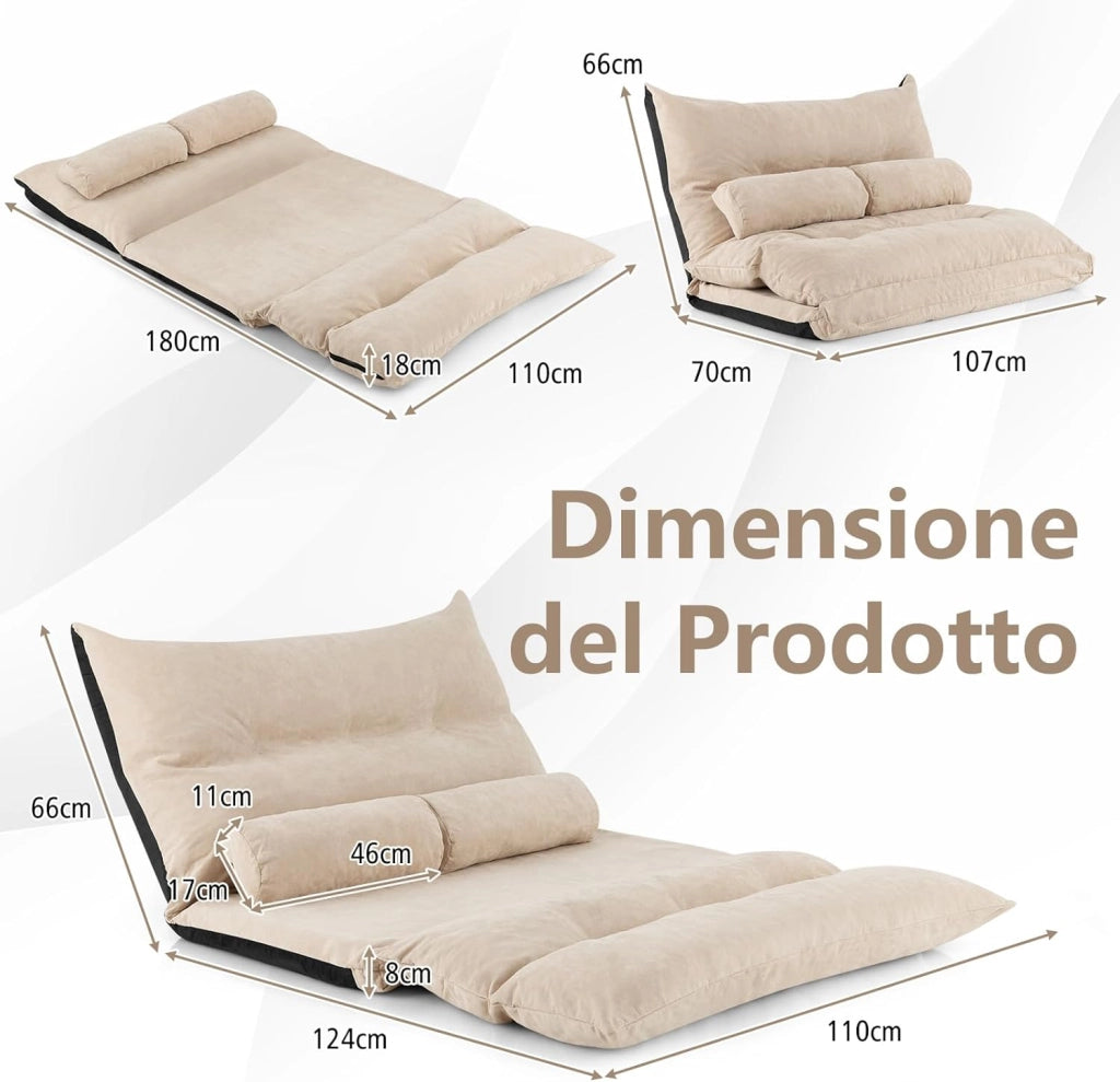 Divano da Terra Pieghevole, Divano Letto 2 Posti con Schienale Regolabile, Divano da Pavimento Trasformabile con 2 Cuscini per Camera da Letto Salone Balcone (Beige)