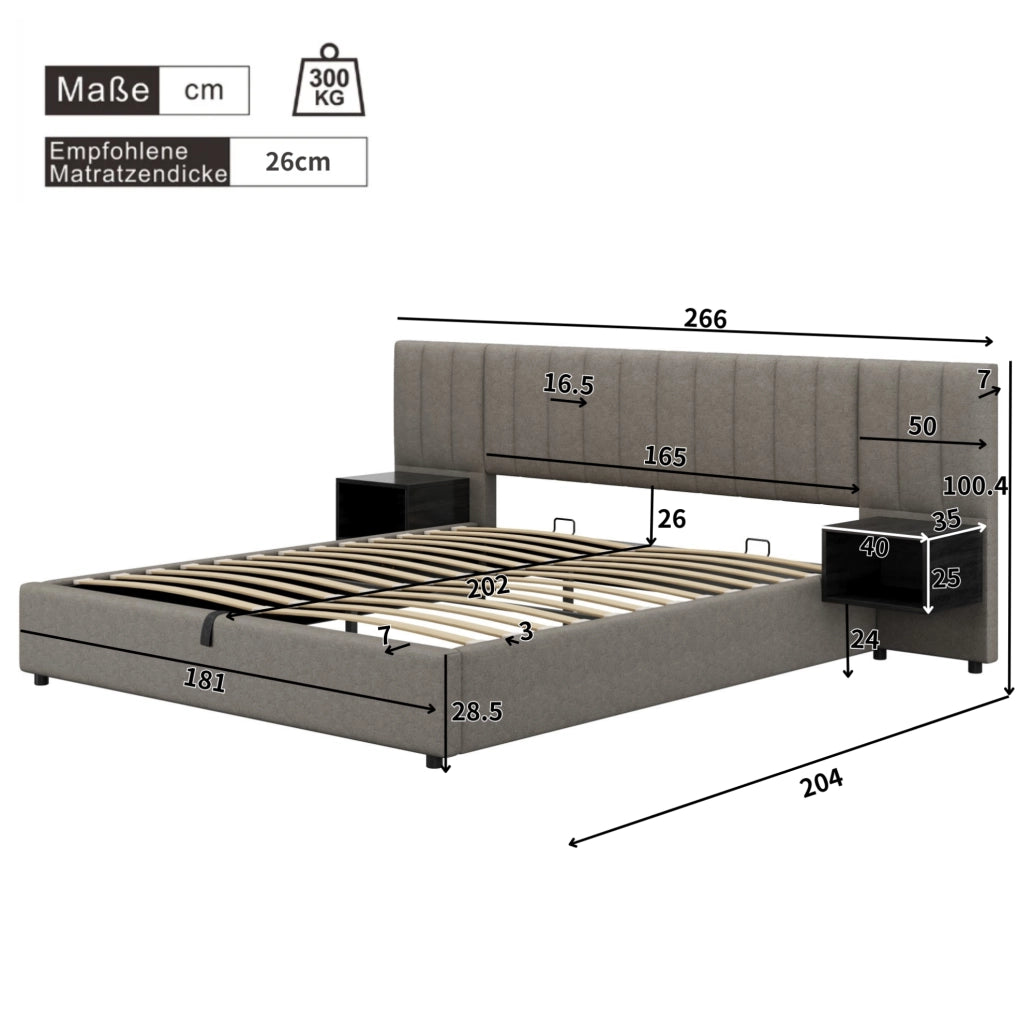 Letto matrimoniale 180x200 cm in lino grigio con contenitore idraulico; 2 comodini neri inclusi