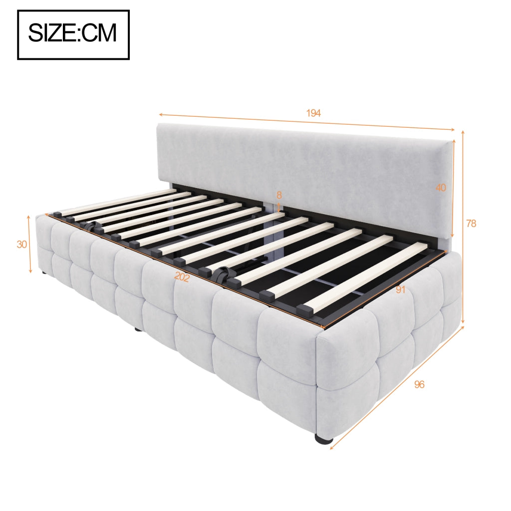 Letto imbottito 90x200 cm con contenitore idraulico, schienale senza braccioli, velluto grigio chiaro