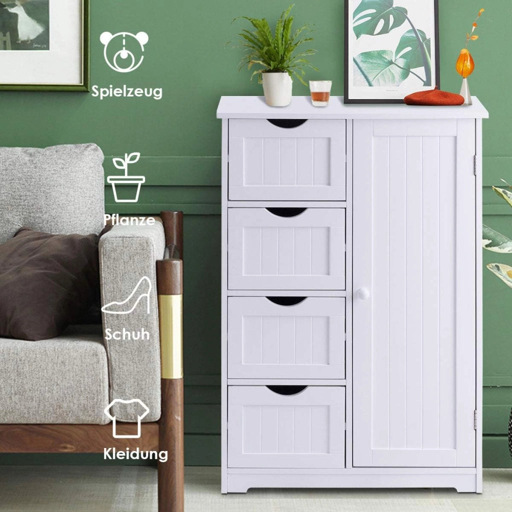 Armadietto Bagno Spazioso, con 4 Cassetti Scorrevoli, Anta Magnetica, Ripiano Regolabile, Mobiletto Multiuso, Carico Massimo di 70 kg, 56x30x82 cm, Bianco