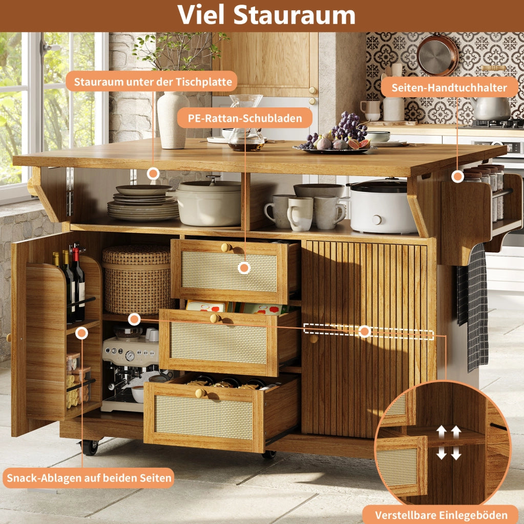 Carrello cucina pieghevole con piano estensibile, marrone scuro