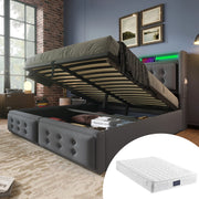 Letto matrimoniale contenitore 160x200 cm in tessuto cotone e lino grigio con LED; prese USB e Type-C