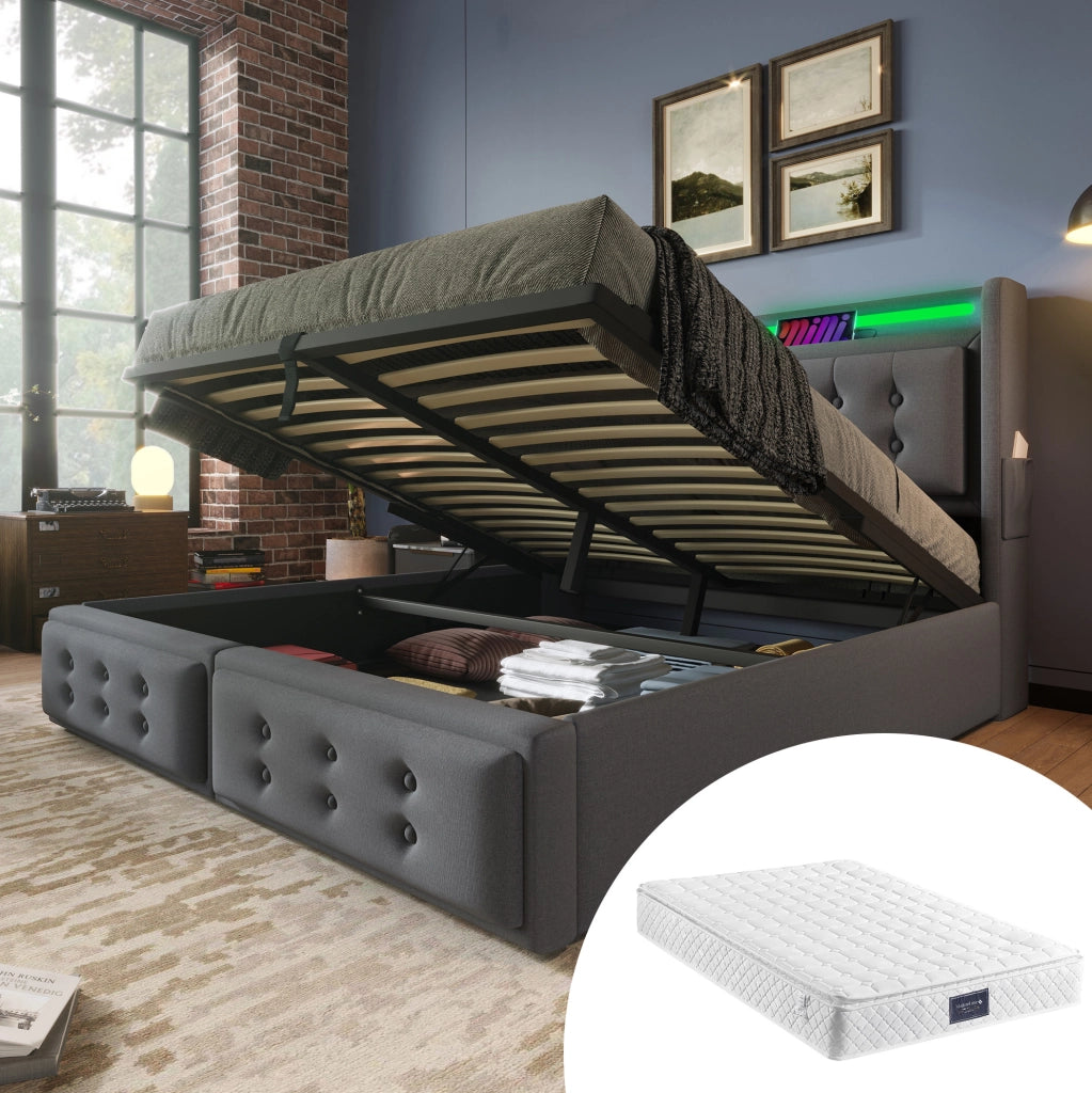 Letto matrimoniale contenitore 160x200 cm in tessuto cotone e lino grigio con LED; prese USB e Type-C