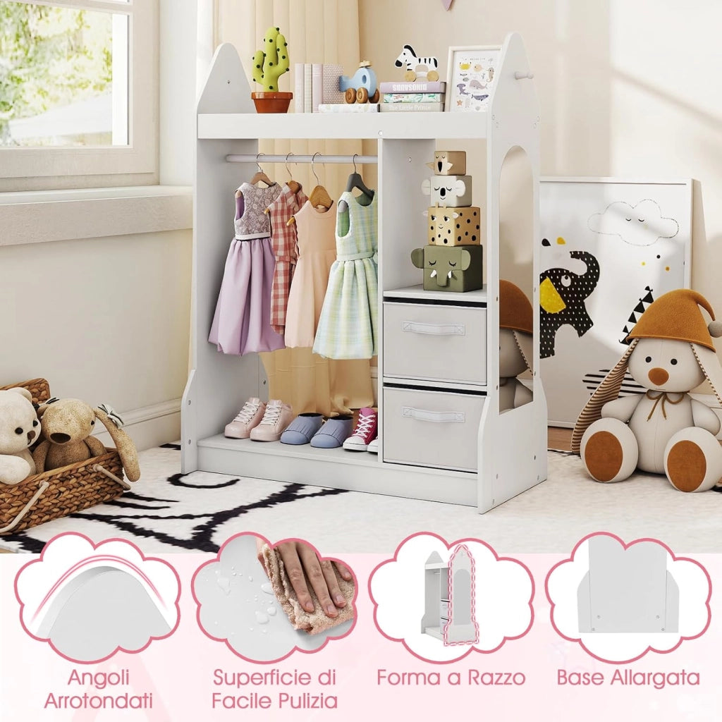 Guardaroba per Bambini, Armadio Gioco con Specchio Appendiabiti, Cassette in Tessuto Pieghevoli, Organizer per Stanza e Camera da Letto, 81 x 38 x 107 cm (Bianco)