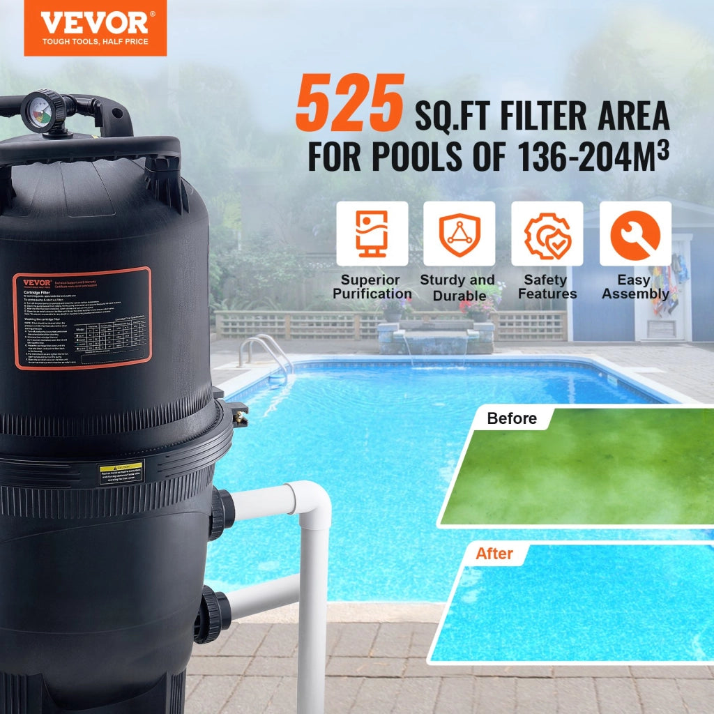 GL520 Filtro a Cartuccia per Piscina 49 m² in PP e Fibra di Vetro, Sistema di Filtraggio Robusto per Piscine Interrate e Fuori Terra