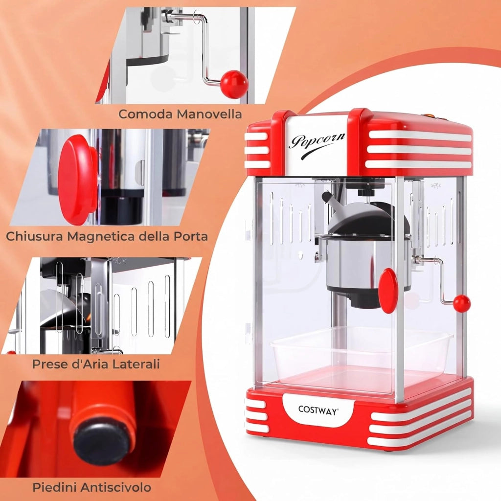 Macchina per Pop Corn per Casa, Macchina Popcorn in 3-5 Minuti con Contenitore in Acciaio Inox e Cucchiai per Chicchi e Olio, Condimento Personalizzato, Stile Cinema