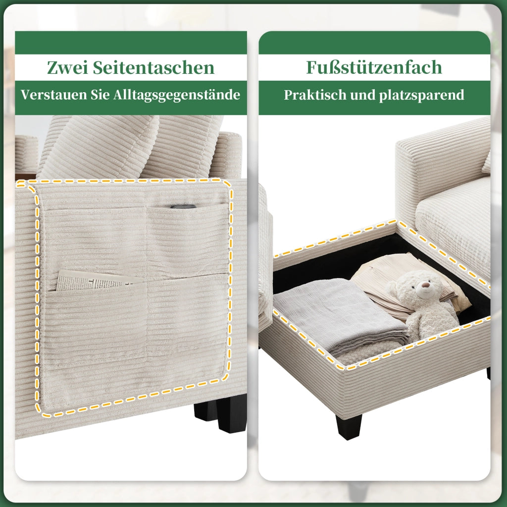 Divano angolare modulare 4 posti con console; 2 portabicchieri; 2 porte USB; pouf e cuscini in velluto a coste beige