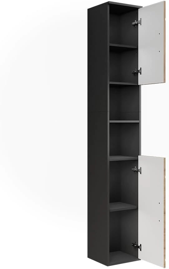 Mobile alto Irma, Antracite/Artisan, 30 x 190 cm con 2 porte, adatto per la conservazione di articoli da bagno e asciugamani