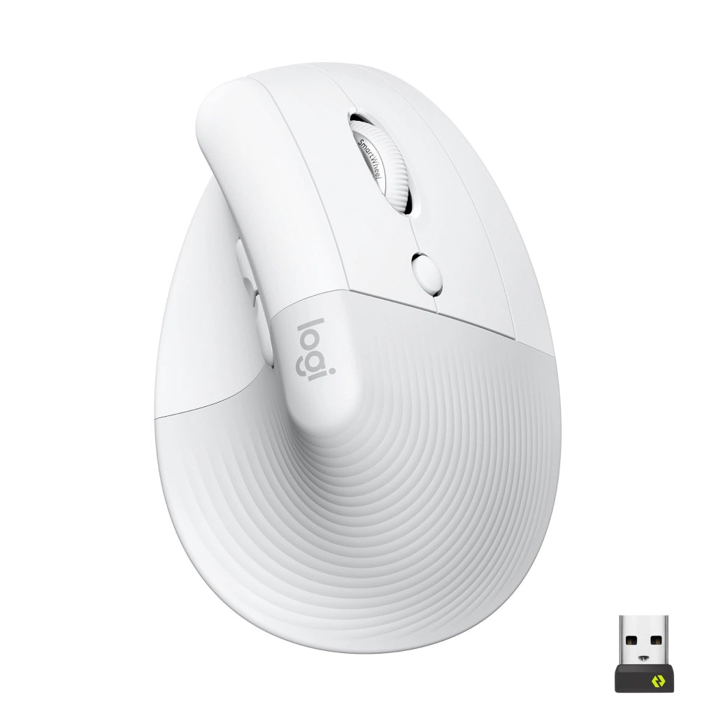 Logitech lift mouse ergonomico verticale, senza fili, ricevitore bluetooth o logi bolt usb, clic silenziosi, 4 tasti, compatibile con windows / macos / ipados, laptop, pc. bianco - 910-006475