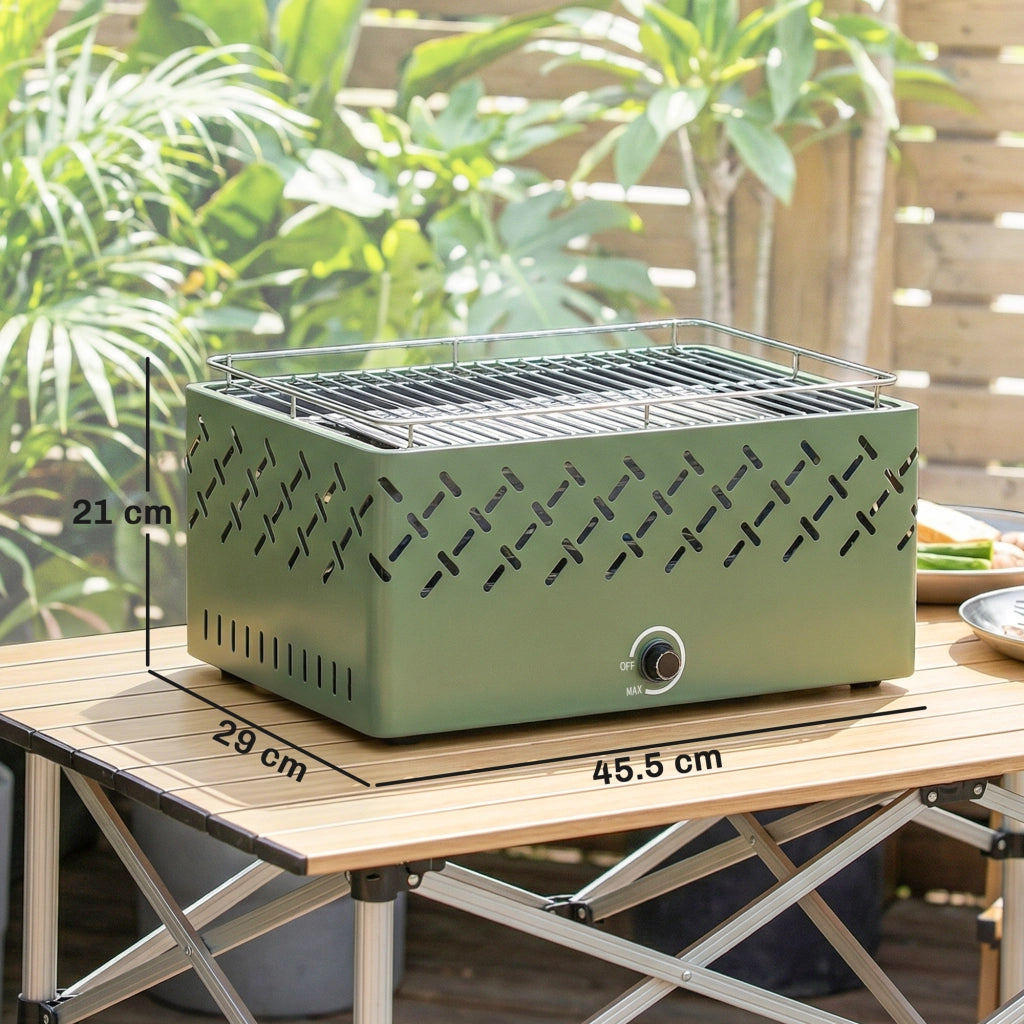 Barbecue Portatile a Carbone 45,5x29x21 cm con Ventilazione Integrata per Esterni in Metallo Verde Chiaro