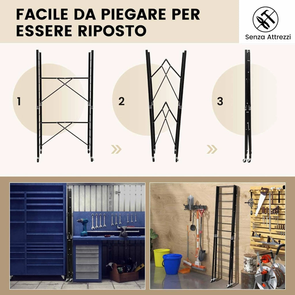 Scaffale Pieghevole con Ruote, Scaffale in Metallo con 5 Ripiani, Mobile in Metallo con Ripiani Regolabili e Grande Capacità da Cucina Balcone Soggiorno, Nero