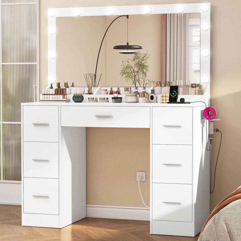 Toilette da trucco con luci, luminosità regolabile, specchio e spina, tavolo da toeletta con 7 cassetti, 3 ripiani, cassettiera moderna, camera da letto, bianco