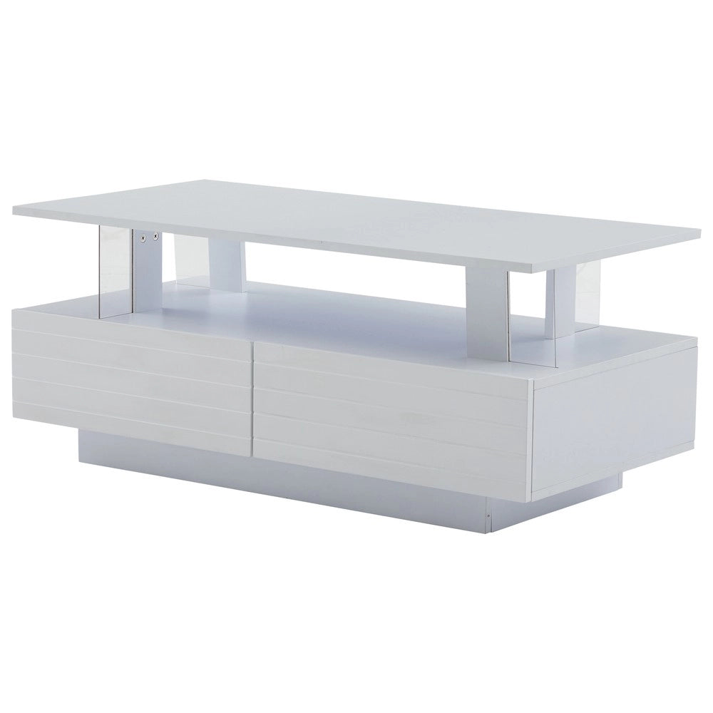 Tavolino da caff¨¨ rettangolare con LED e cassetti ¨C Minimal ¨C Bianco, doppio ripiano, 100x50x45