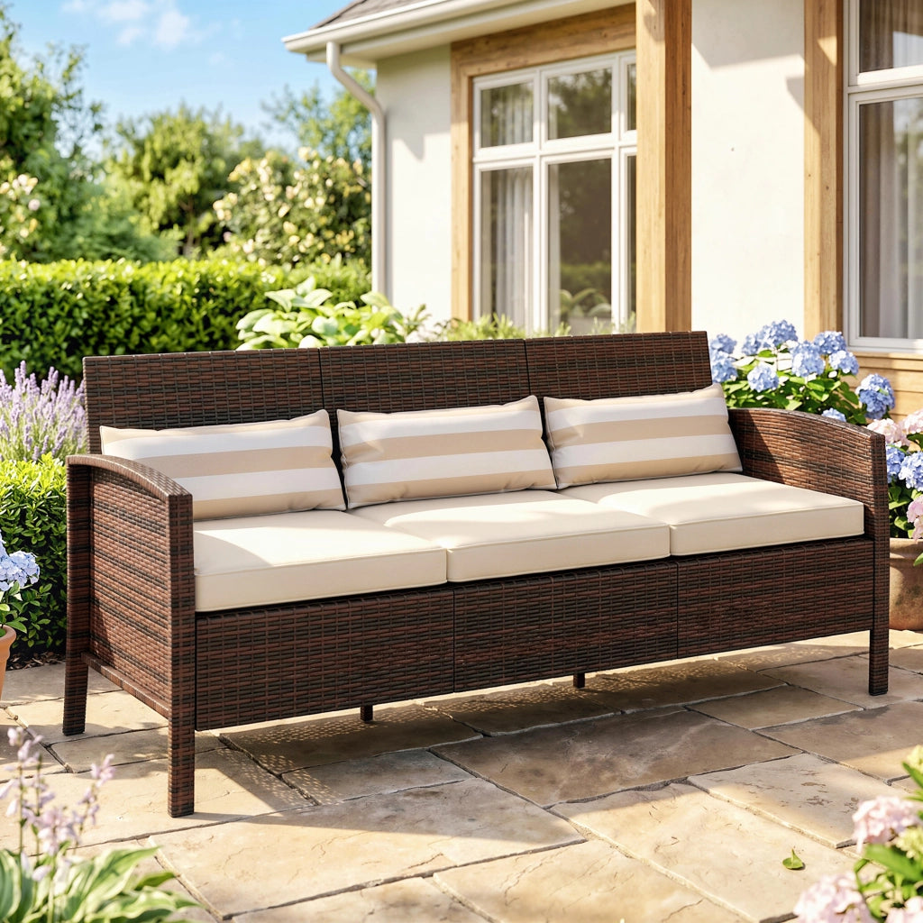 Divano 3 Posti da Esterno in Rattan PE con Cuscini Imbottiti e Sfoderabili, 173x68x78 cm, Marrone