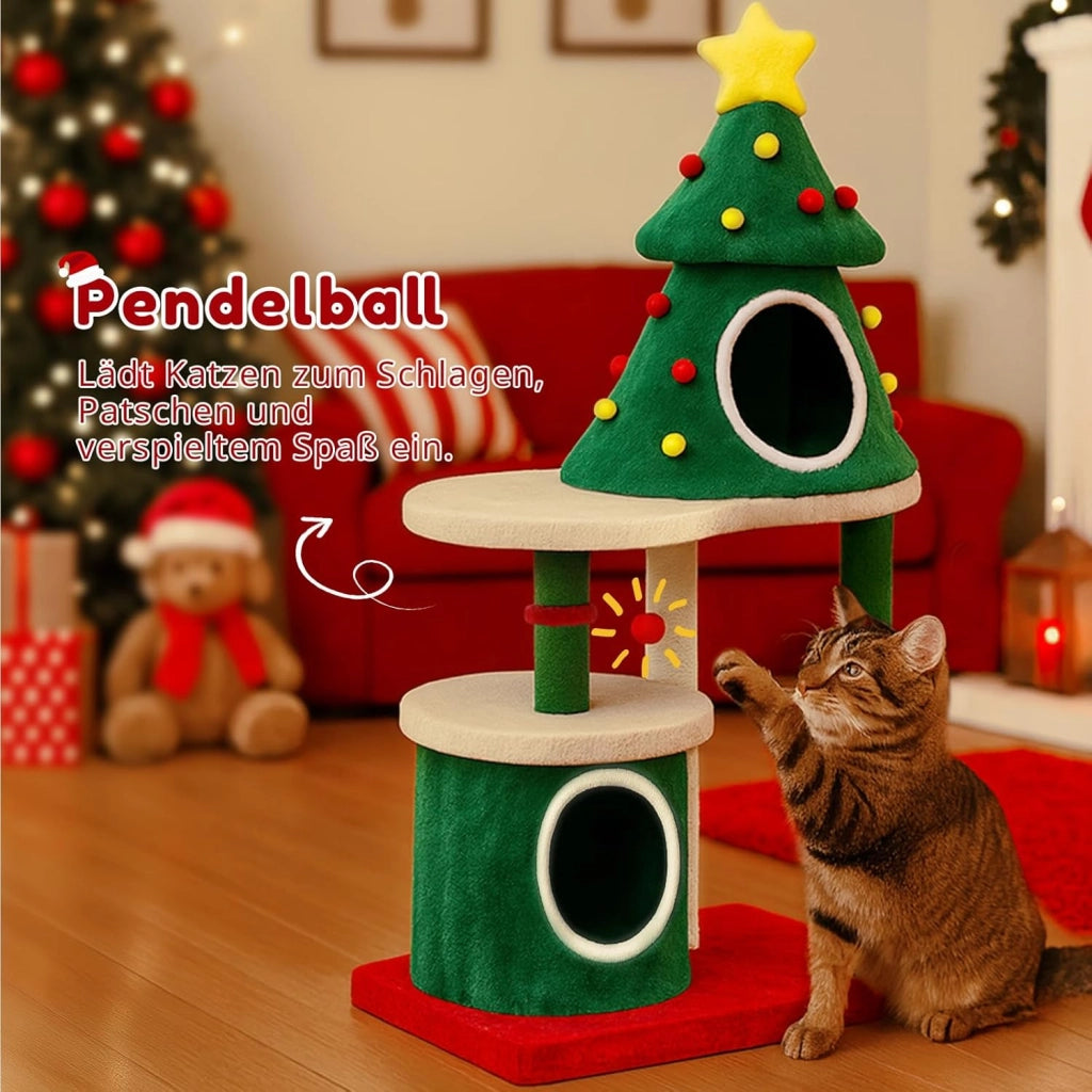 Albero di Natale per gatti di design albero di Natale, 123 cm, robusto con tiragraffi, casa a più piani, piattaforme e palla da gioco, mobile per graffi di Natale per gatti