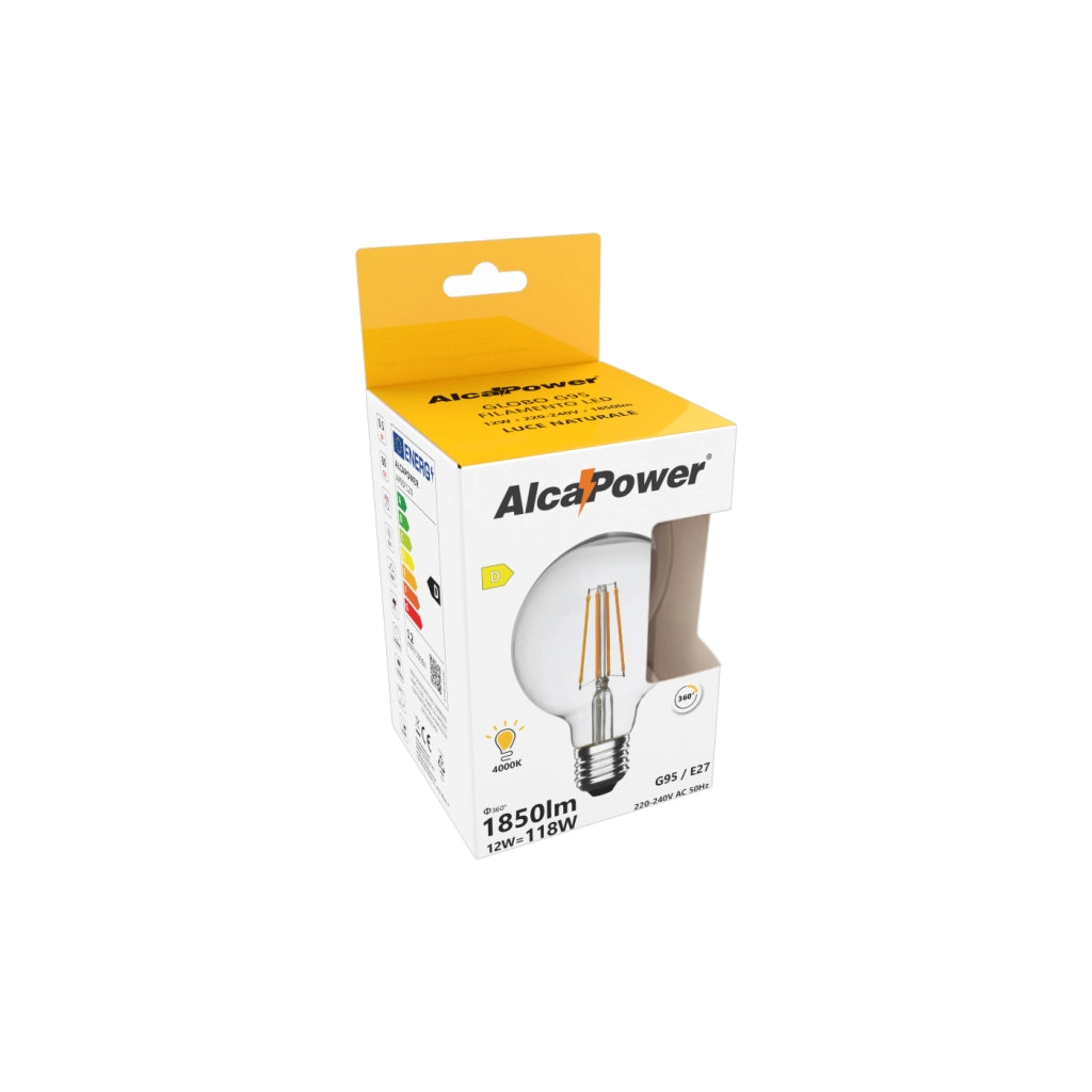 Alcapower Lampadina LED Globo G95 Filamento Trasparente 12W E27 1850lm 4000K Luce Naturale, Alta Efficienza Energetica Classe D, 25000 ore