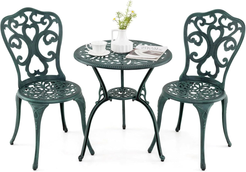 Set da Giardino Esterno in 3 Pezzi in Accaccio, Set da Bistrò con Foro per Ombrellone, Tavolo Portato 90 kg e 2 Sedie Portate 180 kg, Arredamento per Balcone, Patio, Terrazzo (Verde)