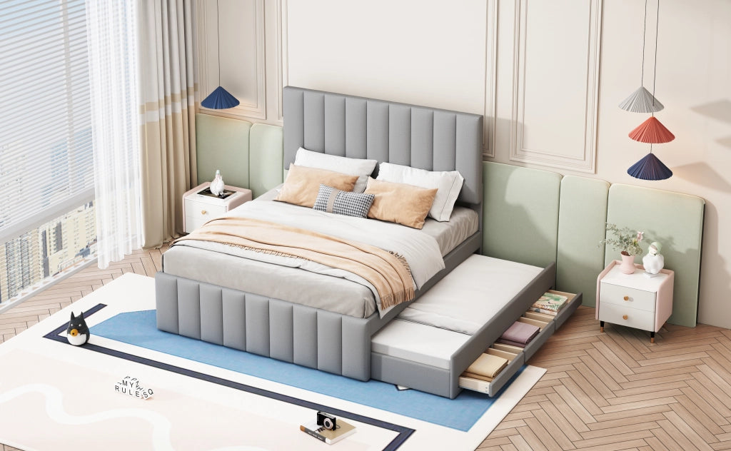 DESMIU Letto estraibile 140 × 200 cm 2 posti con 3 cassetti e letto supplementare, senza materasso, in lino, grigio