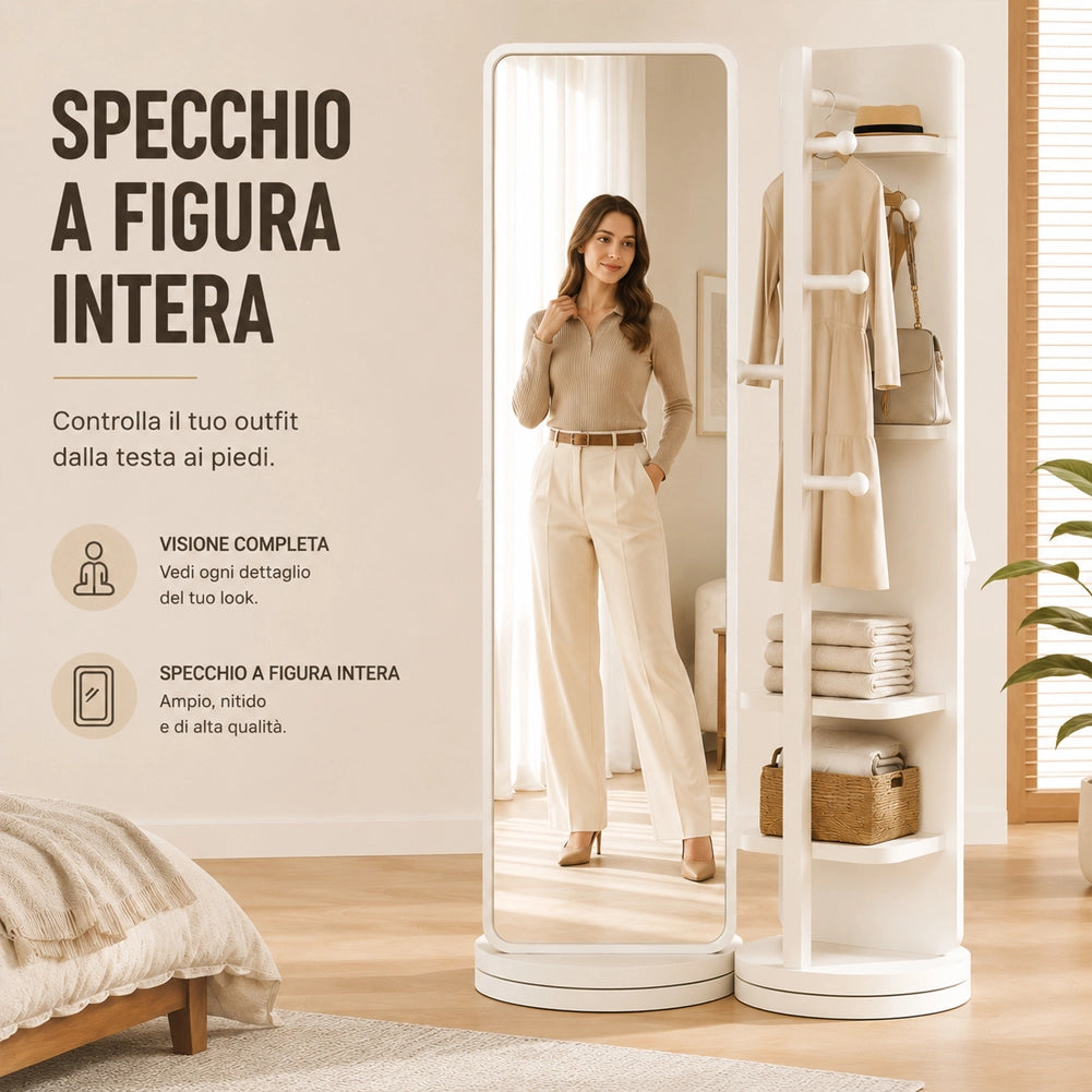 Specchio Rotante Struttura Bianca in Legno e Appendiabiti Attaccapanni 170x45cm