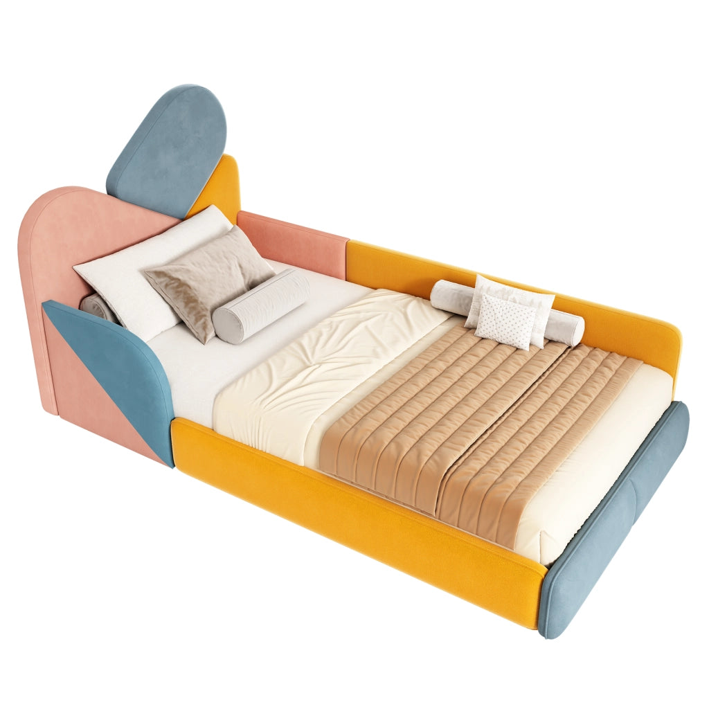 Letto imbottito per bambini 90x200 cm con sponde rialzate; velluto multicolore patchwork per cameretta