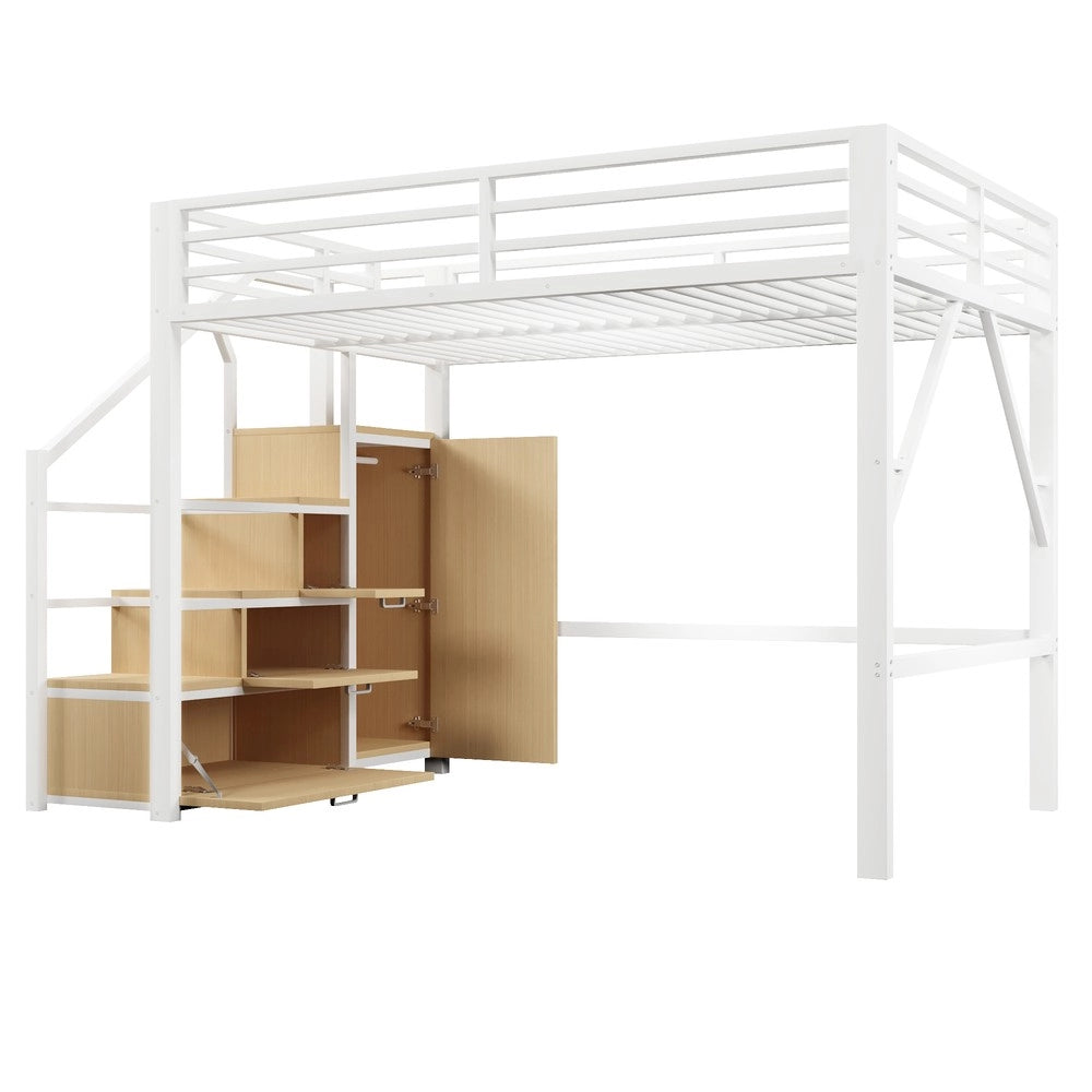 Letto a Soppalco con Armadio e Cassetti, LED ¨C MINIMAL ¨C Metallo Bianco 140x200