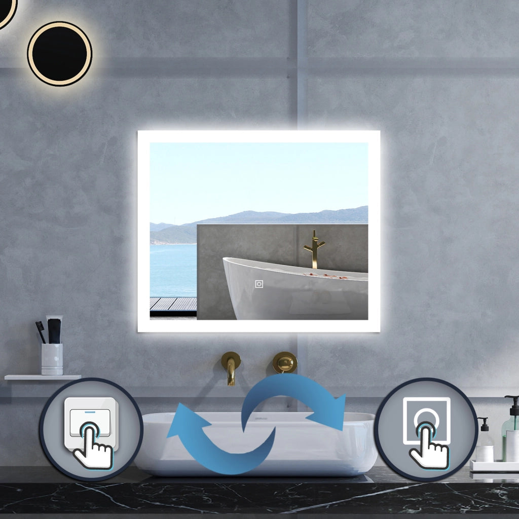 Specchio da bagno Rettangolare con 90x70cm,3 colori,Memoria, Antifog,Regorabile,Retroilluminato,doppio interruttore,