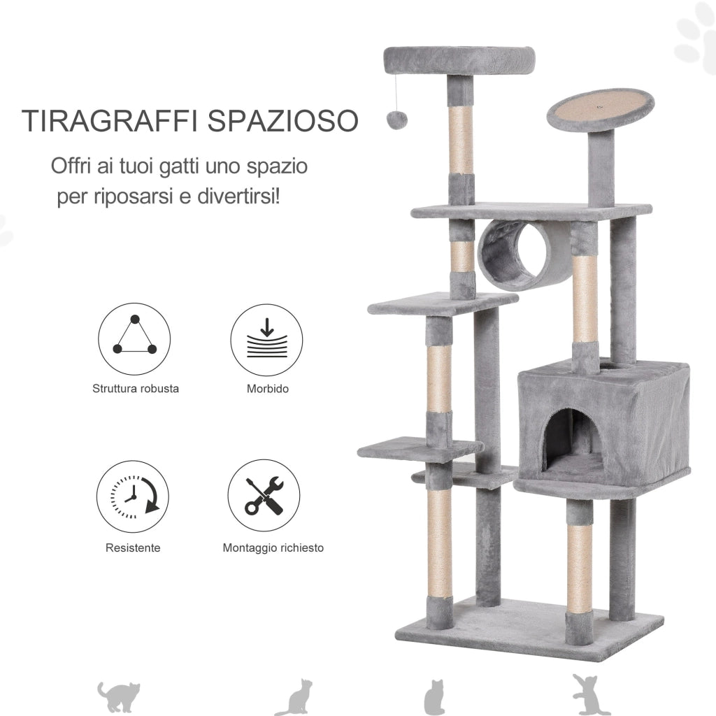 Albero Tiragraffi per Gatti 60x50x165 cm in Peluche e Corda Sisal Grigio e Beige