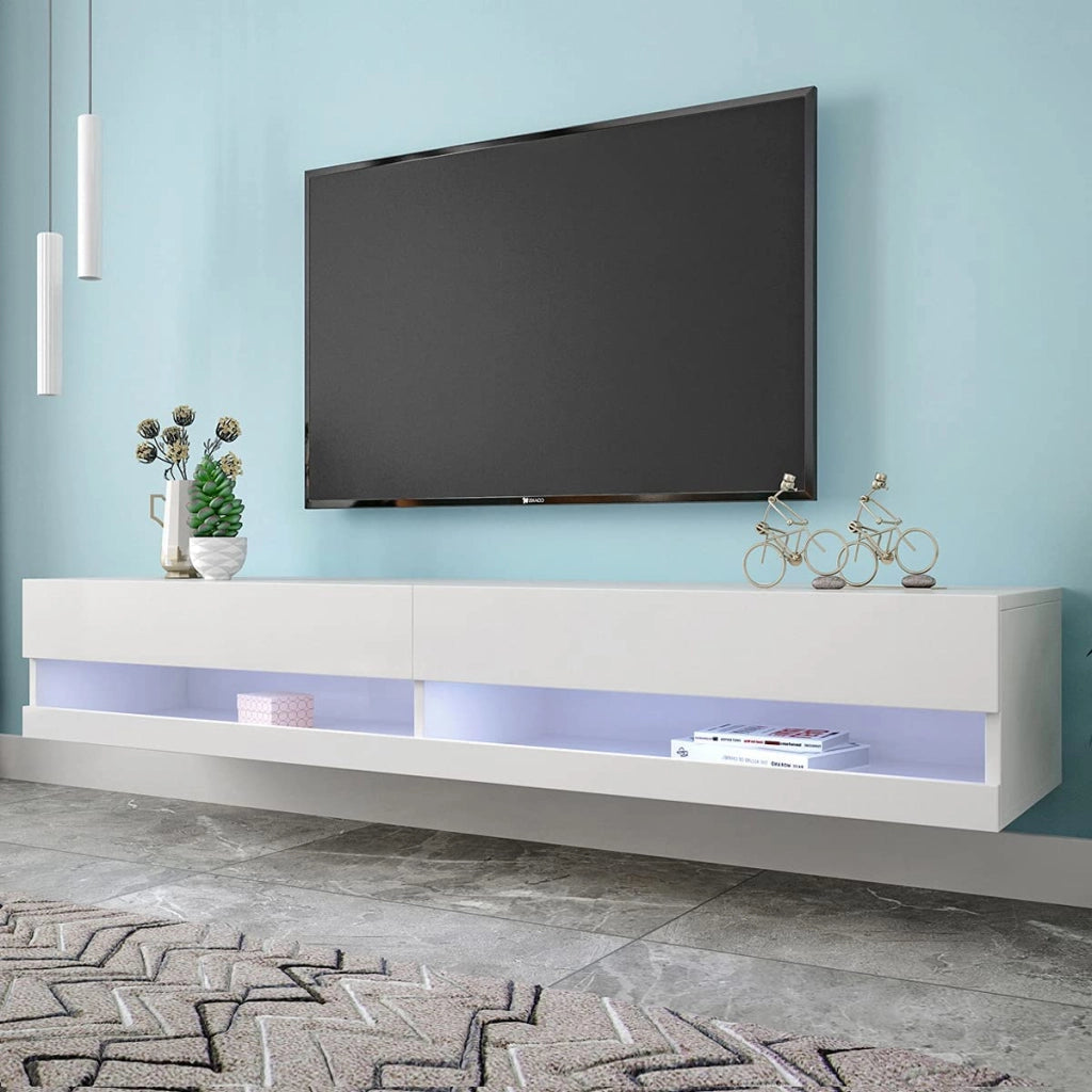 Mobile TV Sospeso con 2 Ante e LED; Frontali Lucidi; Stile Moderno; Soggiorno; 140¡Á40¡Á30;5 cm; in MDF; Bianco